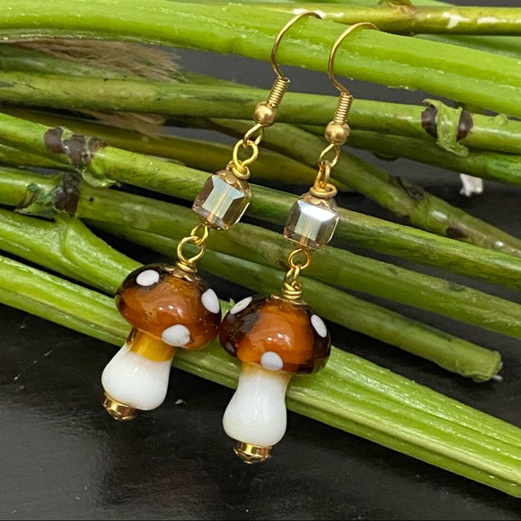 Handmade Mushroom Lampwork Beads Drop Earrings - Picture 2 of 8